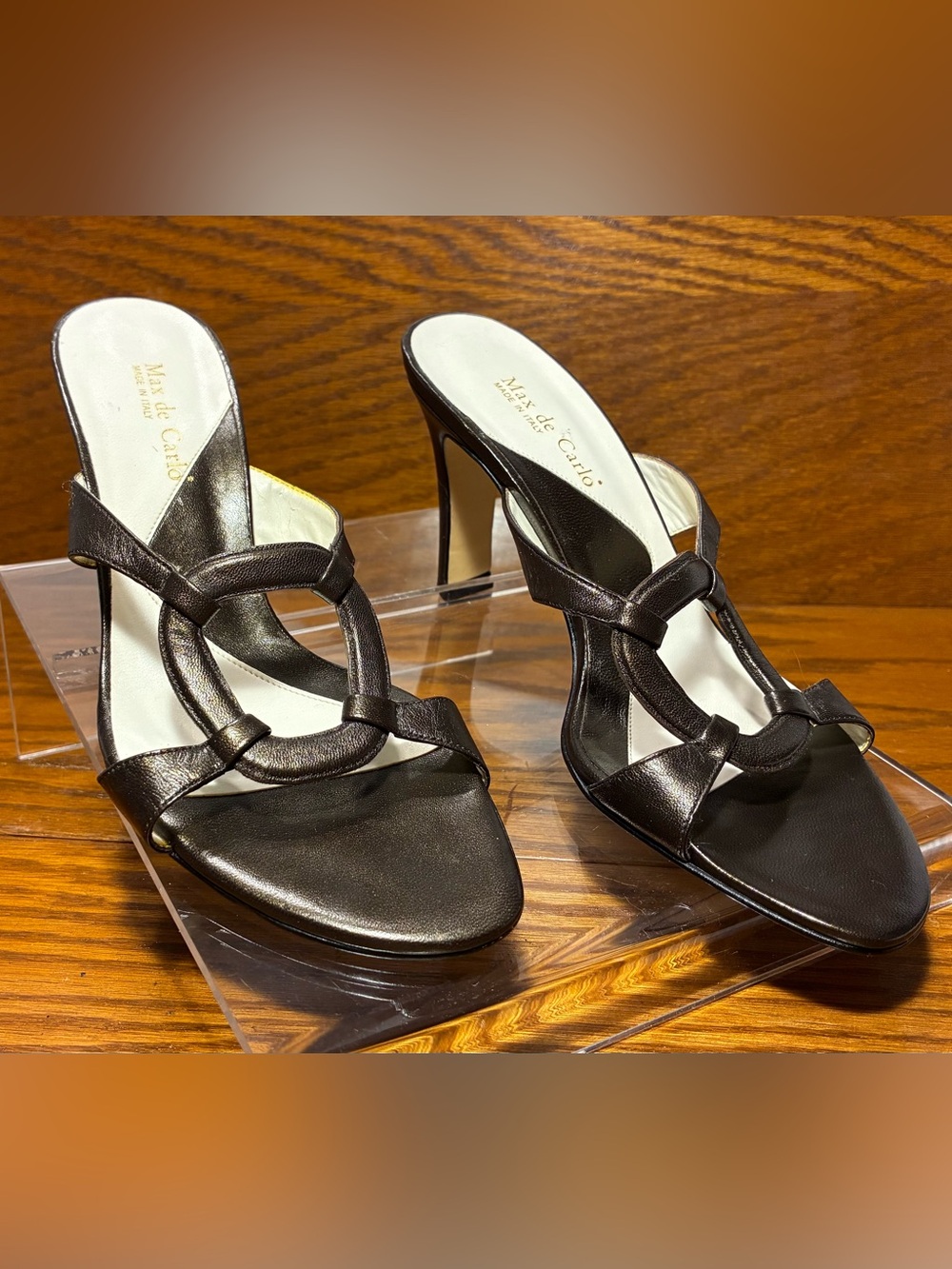 Y2K VTG Max de Carlo ITALY MADE Dark Bronze Leather Heeled Slide Sandals 6